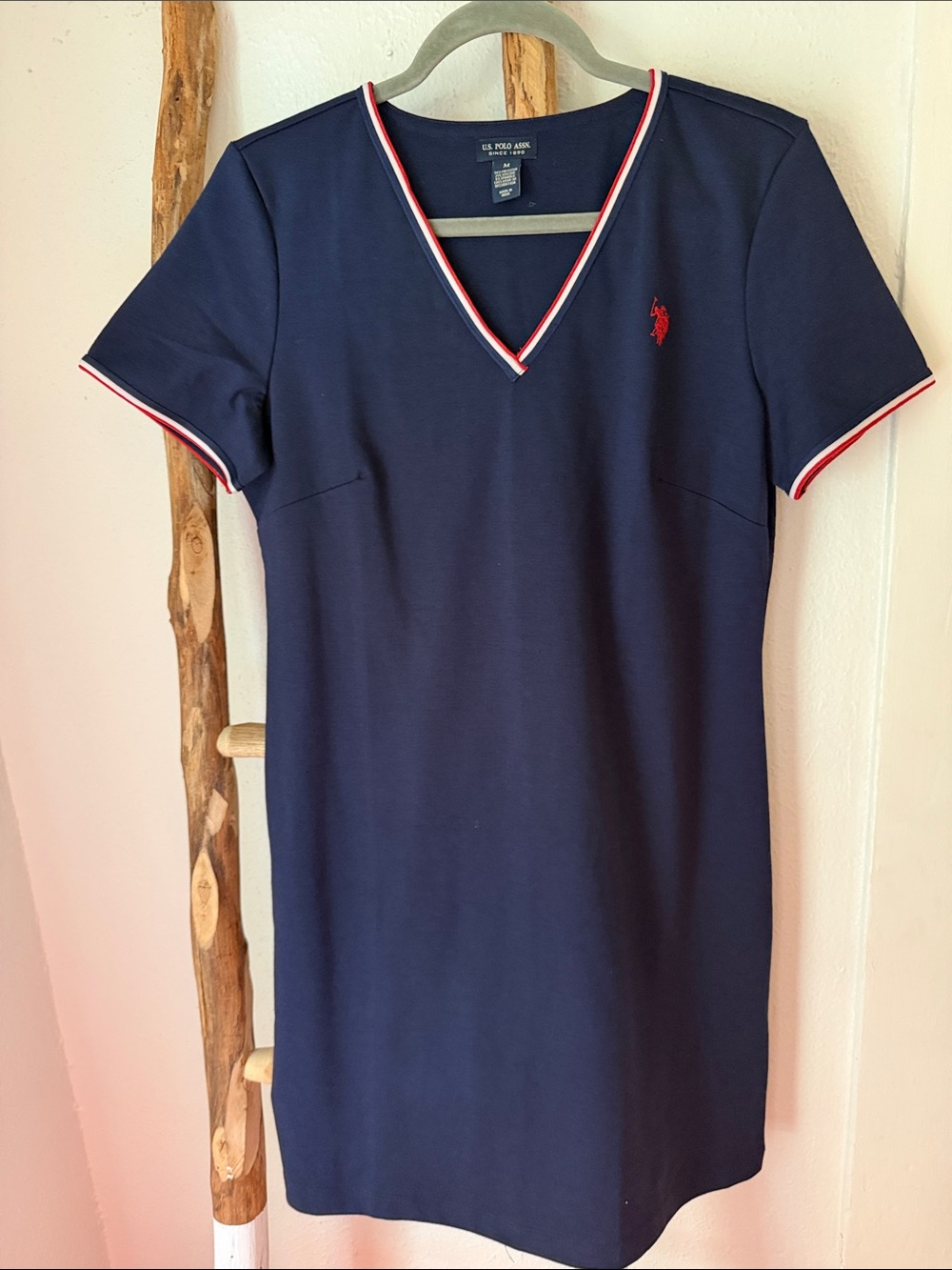 US Polo Association Navy V-neck Short Sleeve Preppy Knit Dress Red White Trim M